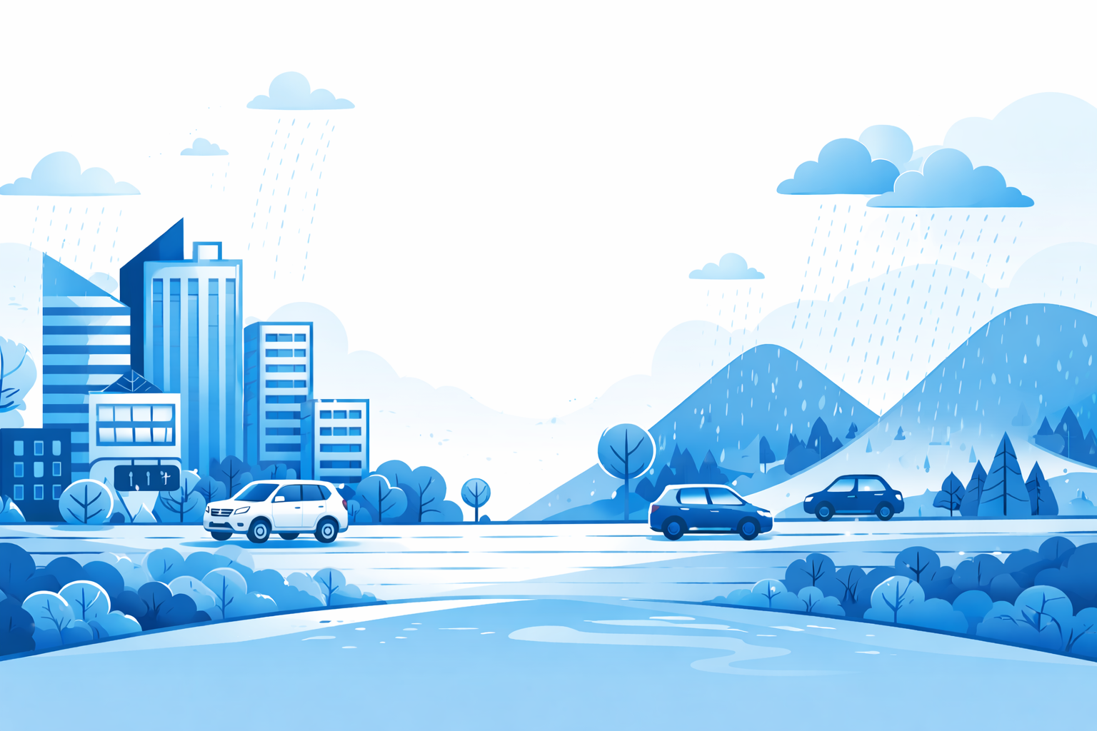 Flat-style illustration of cars driving on a road between a city skyline and rolling hills in rainy weather.