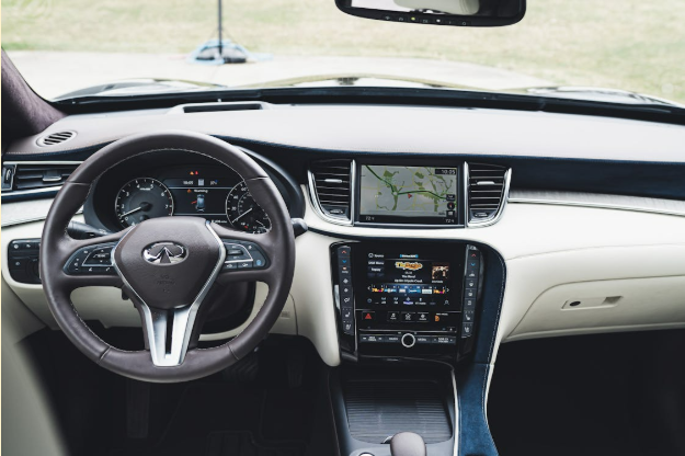Modern vehicle cabin interior with touchscreens